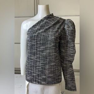 Black and White Plaid One-Shoulder Puff Sleeve Tweed Top